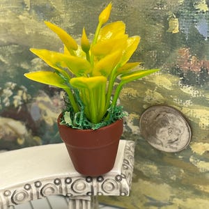 May include: A miniature potted plant with bright yellow leaves and green stems. The plant sits in a small brown pot with green moss. The pot is on a white decorative table with a detailed design.