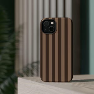 Mocha Brown & Coffee Striped MagSafe iPhone Case - Cool Girl Aesthetic, Vertical Stripe Design, Minimalist Phone Cover, Wireless Charging