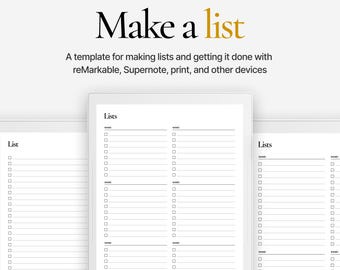Lists Template for reMarkable, Kindle Scribe, Supernote | A5 Digital Checklist Layouts for E-Ink Tablets & Print