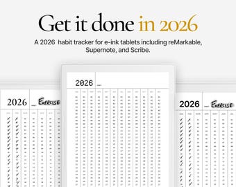 Rastreador de hábitos 2026 para reMarkable, Supernote, Kindle Scribe/E-Ink + Rastreador anual imprimible