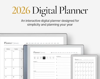 Planificador digital 2026 para un diseño minimalista, con hipervínculos y reMarkable (PDF)