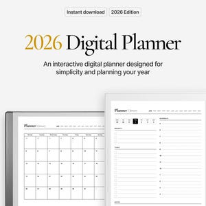May include: A digital planner for 2026, featuring a calendar and daily planning pages. The text reads "2026 Digital Planner" and "Instant download." The planner is designed for simplicity and planning your year.