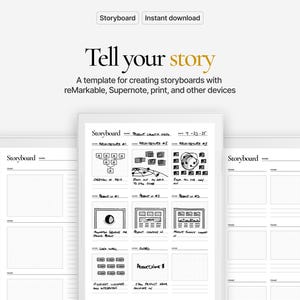 Könnte beinhalten: Eine digitale Storyboard-Vorlage mit dem Text "Tell your story". Die Vorlage ist für reMarkable, Supernote und Druck konzipiert. Sie enthält Abschnitte für Architektur, Produkt-Launch-Videos und Produktdetails. Das Design ist in Schwarz und Weiß gehalten.