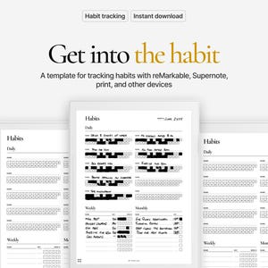 Può includere: Modello digitale per il monitoraggio delle abitudini con il testo "Get into the habit". Il modello include sezioni di monitoraggio delle abitudini giornaliere, settimanali e mensili. Il design è minimalista, con testo nero su sfondo bianco.