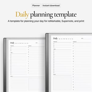 Puede incluir: Una plantilla de planificación diaria digital con las palabras "Daily planning template" en oro y negro. La plantilla incluye secciones para prioridades, tareas y un horario. La imagen también incluye las palabras "Planner" e "Instant download".