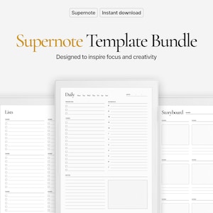 Op de afbeelding: Een digitale sjabloonbundel met de titel "Supernote Template Bundle" in goud en zwart. De afbeelding toont drie verschillende sjablonen: een lijst, een dagplanner en een storyboard. De sjablonen zijn ontworpen om focus en creativiteit te inspireren.