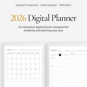 May include: A 2026 digital planner, designed for Supernote and instant download. The title "2026 Digital Planner" is in gold, with the description "An interactive digital planner designed for simplicity and planning your year."