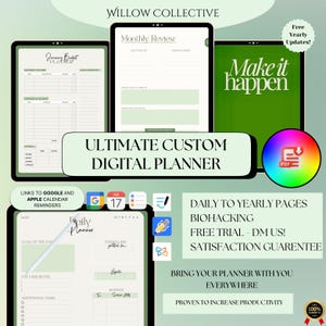 Puede incluir: Planificador digital con varios diseños mostrados en tabletas. Incluye una revisión mensual, un planificador de presupuesto y páginas de planificación diaria. Presenta el texto "Make it happen" y "Ultimate Custom Digital Planner."