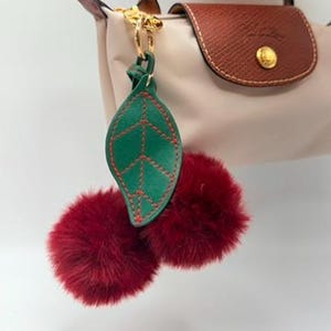 Cherry Pom Pom Bag Charm – Red Fluffy Keychain with Green Leaf, Cute Purse Accessory