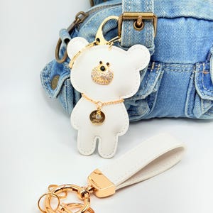 Teddy Bear Bag Charm – Faux Leather Bear Charm with Gold Chain & Tag - Cute Bag Accessory with Wrist Strap