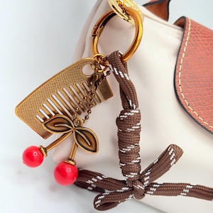 Vintage Cherry & Comb Bag Charm Bundle – Retro Bronze Bag Charm with Cherry