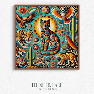 Mexican Folk Art Cat Print: Aztec Spirit Animal, Surreal Feline (Digital Download)