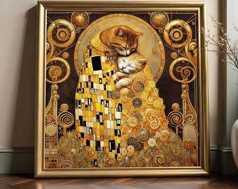 Square Klimt Style Cat Embrace Printable | Golden Art Nouveau Cat Couple | High Resolution Digital Download | Romantic Feline Wall Art