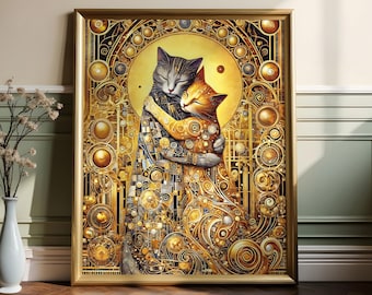Klimt-style Parody Cat Kiss Printable Wall Art | Romantic Golden Cat Couple | Art Nouveau Digital Download | Whimsical Feline Hug Print