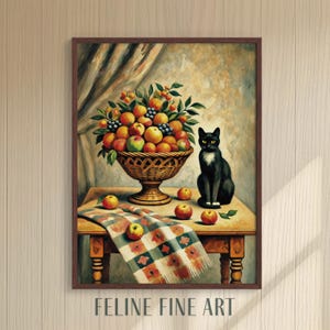 Post Impressionist Cat Art | Cézanne Style Tuxedo Cat Still Life | Modern Renaissance Wall Decor | Digital Download