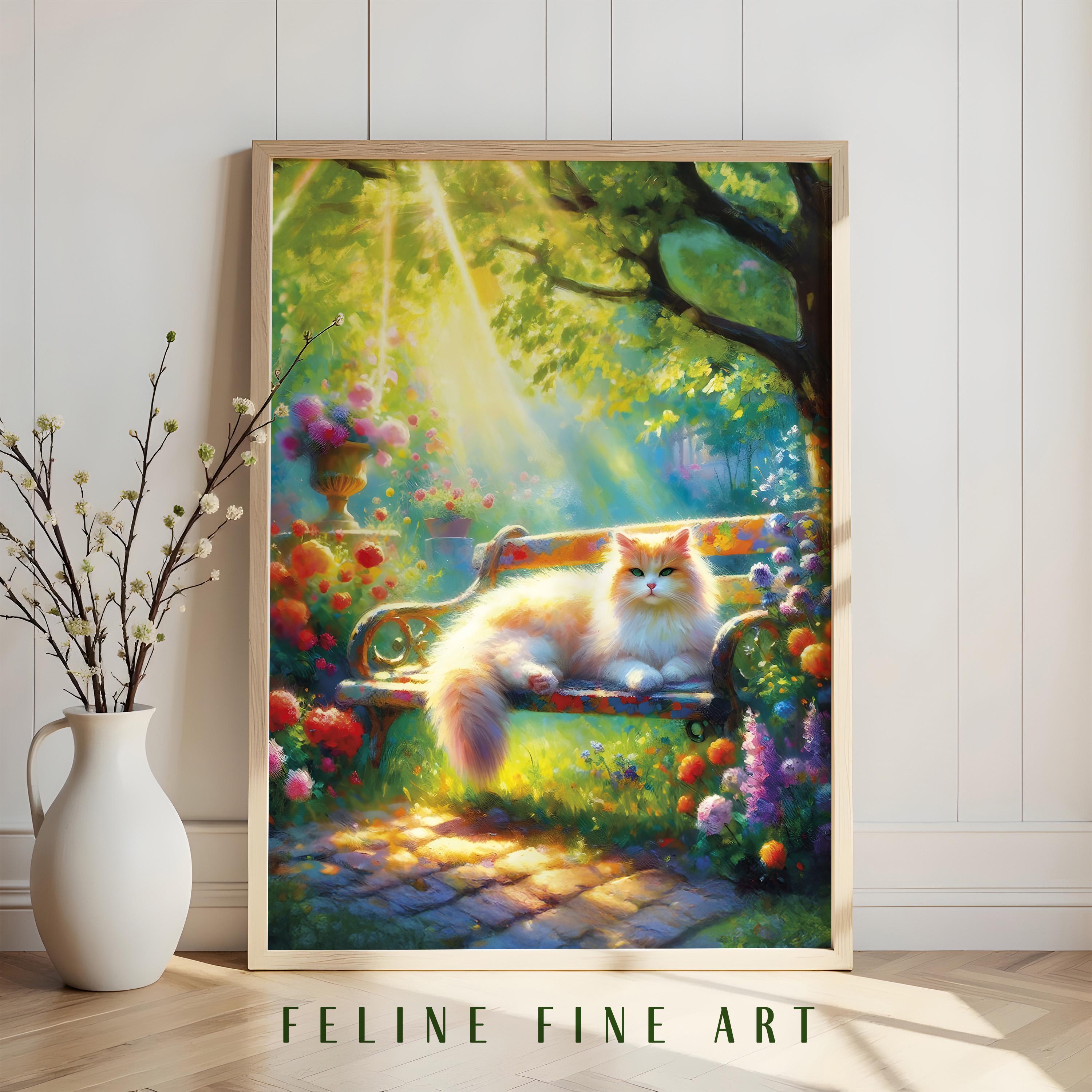 印象派の猫の庭の壁アート | 夢のようなアンゴラコテージコアの花柄