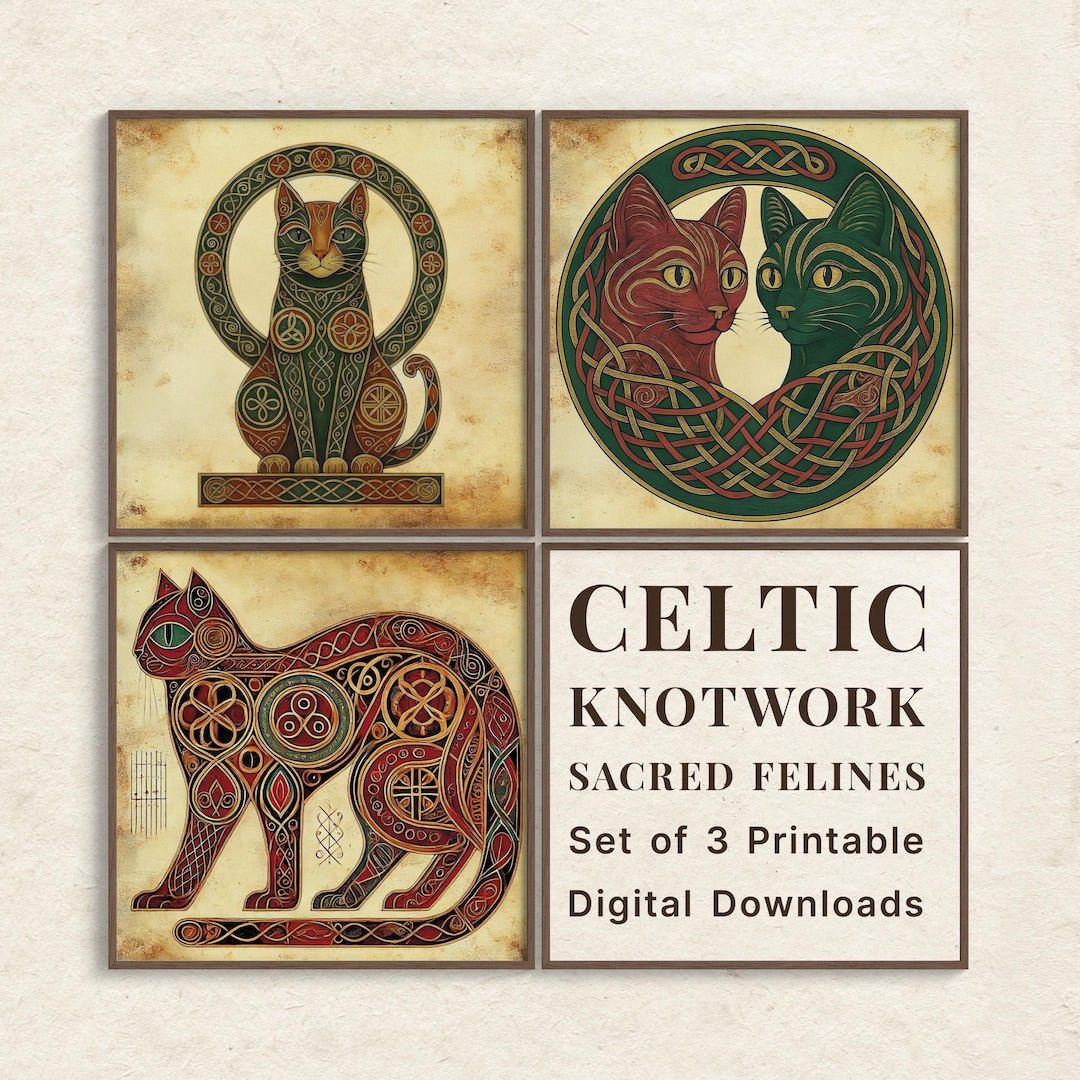 Celtic Cat Wall Art Set of 3 Printable | Mystic Boho Decor | Sacred ...