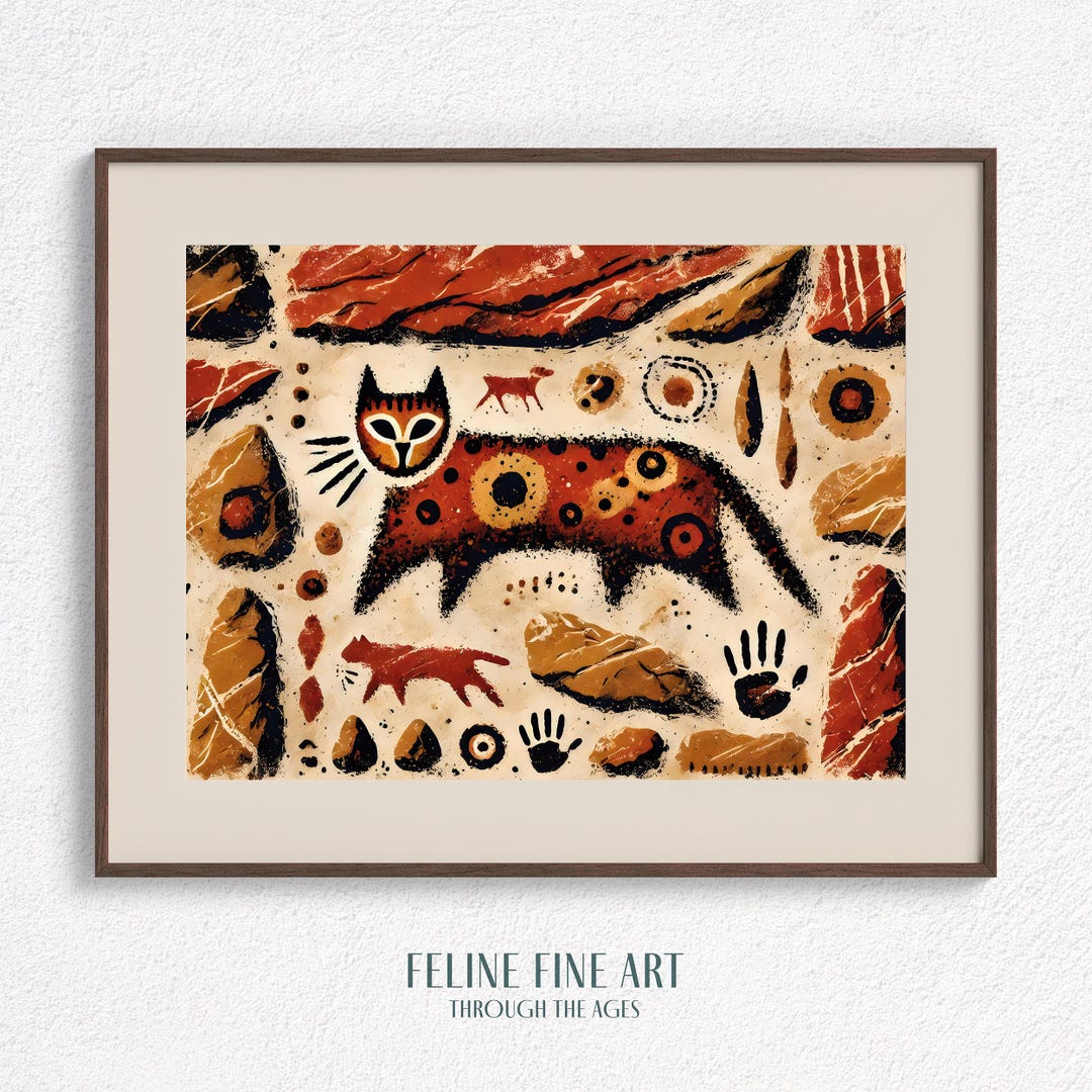 Prehistoric Cat Petroglyph Art Print: Tribal Feline Cave Painting ...