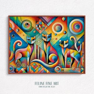 Colorful Abstract Cat Wall Art Print – Modern Cubist Feline Digital Painting for Gallery Wall – Vibrant Geometric Psychedelic Cat Decor