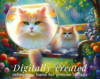 印象派の猫の庭の壁アート | 夢のようなアンゴラコテージコアの花柄