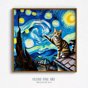 Getigerte Katze unter Sternenhimmel - Druckbare Van Gogh Stil Katzenwandkunst, quadratischer digitaler Download, wunderliche Sternenszene, sternenklare Nacht getigerter Druck