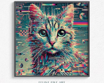Y2K Glitch Cat-poster | Cyberesthetische muurkunst | Vaporwave digitale download
