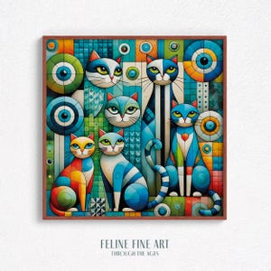 Square Digital Abstract Cat Art Print – Modern Geometric Pet Wall Decor Download – Colorful Feline Illustration for Living Room or Office