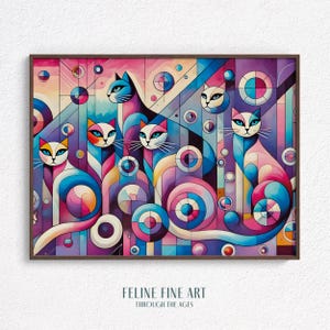 Colorful Abstract Cat Art Printable – Modern Geometric Feline Wall Decor, Cubist Digital Download Poster, Bauhaus Style Cat Illustration