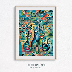 Surreal Geometric Cat Wall Art Print – Abstract Feline with Eyes – Mid Century Modern Cat Printable – Colorful Digital Art Download