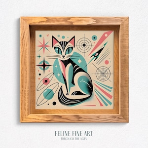 Atomic Cat Printable – Mid Century Modern Wall Art –Square Retro 1950s Feline Poster – Space Age Pink and Green Decor