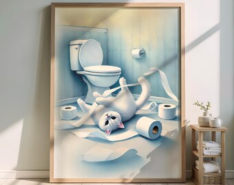 Póster divertido de un gato en el baño: Arte de un gatito travieso en el baño (Descarga digital)