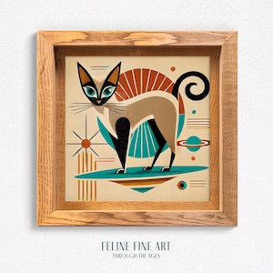 Siamese Atomic Cat-print | Moderne muurkunst uit het midden van de eeuw | Vierkant retro jaren 50 ruimtetijdperk katachtig decor | Digitale download