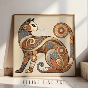 Minoan Cat Art Print | Ancient Greek Pottery Style | Burnt Orange & Muted Blue | Printable Wall Art | Digital Download