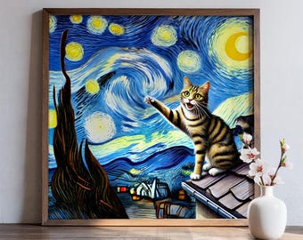 Starry Night Cat Print | Van Gogh Style Tabby Printable | Impressionist Night Sky | Digital Download