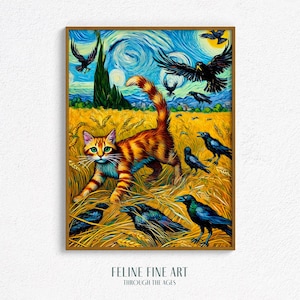 Orange getigerte Katze unter Krähen auf einem Weizenfeld – Van Gogh inspirierte druckbare Wandkunst – wunderliches digitales Katzenposter in Sternenhimmellandschaft