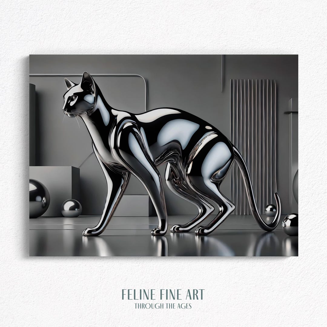 Futuristic Chrome Cat Digital Art Print – Ai-generated Feline Wall ...