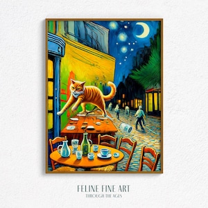 Van Gogh Cat Art – Funny Café Terrace Wall Print | Mischief Cat Digital Download | Starry Night Inspired Cat Decor