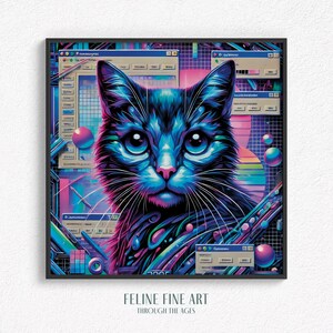 Puede incluir: Una impresión artística digital enmarcada que presenta un retrato estilizado de un gato con una vibrante paleta de colores neón. El pelaje del gato está representado en tonos de azul, morado y rosa, sobre un fondo de interfaz de computadora retro. El texto "FELINE FINE ART THROUGH THE AGES" está en la parte inferior.