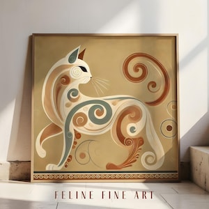 Inspired by old Cretan Frescos Cat Art Print | Ancient Minoan Greek Style Poster | Ocre Burnt Orange Muted Blue | Digital Download