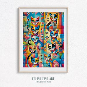Colorful Abstract Cat Wall Art Print – Psychedelic Feline Printable – Modern Cubist Cat Painting for Gallery Wall – Instant Digital Download