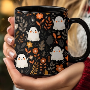 Halloween Ghost Mug, Cute Ghost Coffee Cup, Autumn Floral Pattern Mug, Spooky Season Drinkware, Fall Gift for Ghost Lovers