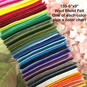 Juego completo de 159 hojas de fieltro de mezcla de lana de 6 x 9 pulgadas más una carta de colores, muestra de fieltro, lazos de fieltro, manualidades de fieltro, colección de fieltro