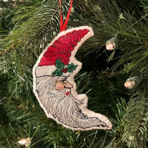 Adorno de Papá Noel de fieltro, adorno de Papá Noel antiguo, luna de Papá Noel, adorno navideño