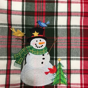 Christmas Kitchen Towel Embroidered Snowman and Birds