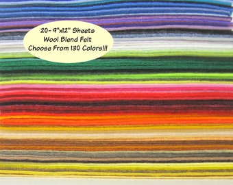Wool Felt -20 sheets -9x12 inch - Wool Blend Felt - Craft Felt - Choose Your Own Colors