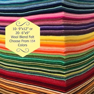 Wool Felt - 10 sheets- 9x12 inch or 20-6&quot;x9&quot;  - Wool Blend Felt - Wool Felt Sheets - Choose Your Own Colors