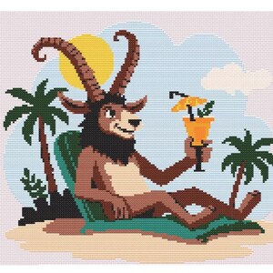 Può includere: Schema di punto croce con un personaggio di Krampus dei cartoni animati che si rilassa su una sedia da spiaggia con un drink tropicale. Il design include palme, un sole e nuvole. Lo schema è intitolato "Krampus Takes Five: Sun, Surf, and Spirits" ed è di Eternal Thread Stitchery. La dimensione del design è di 163 x 136 punti.