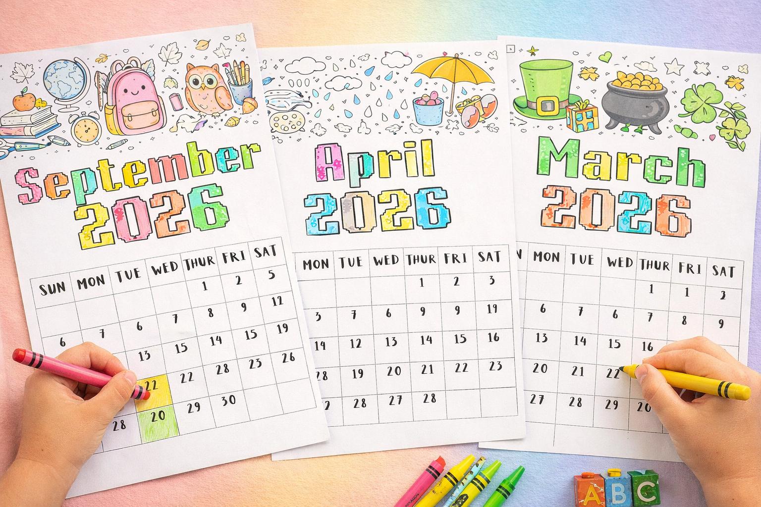 2026 Kids Coloring Calendar Printable, Cute Monthly Coloring Pages for ...