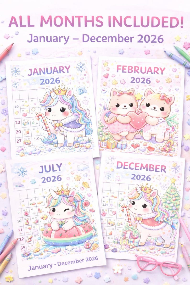 2026 Cute Coloring Calendar for Girls Printable | Unicorn Princess ...