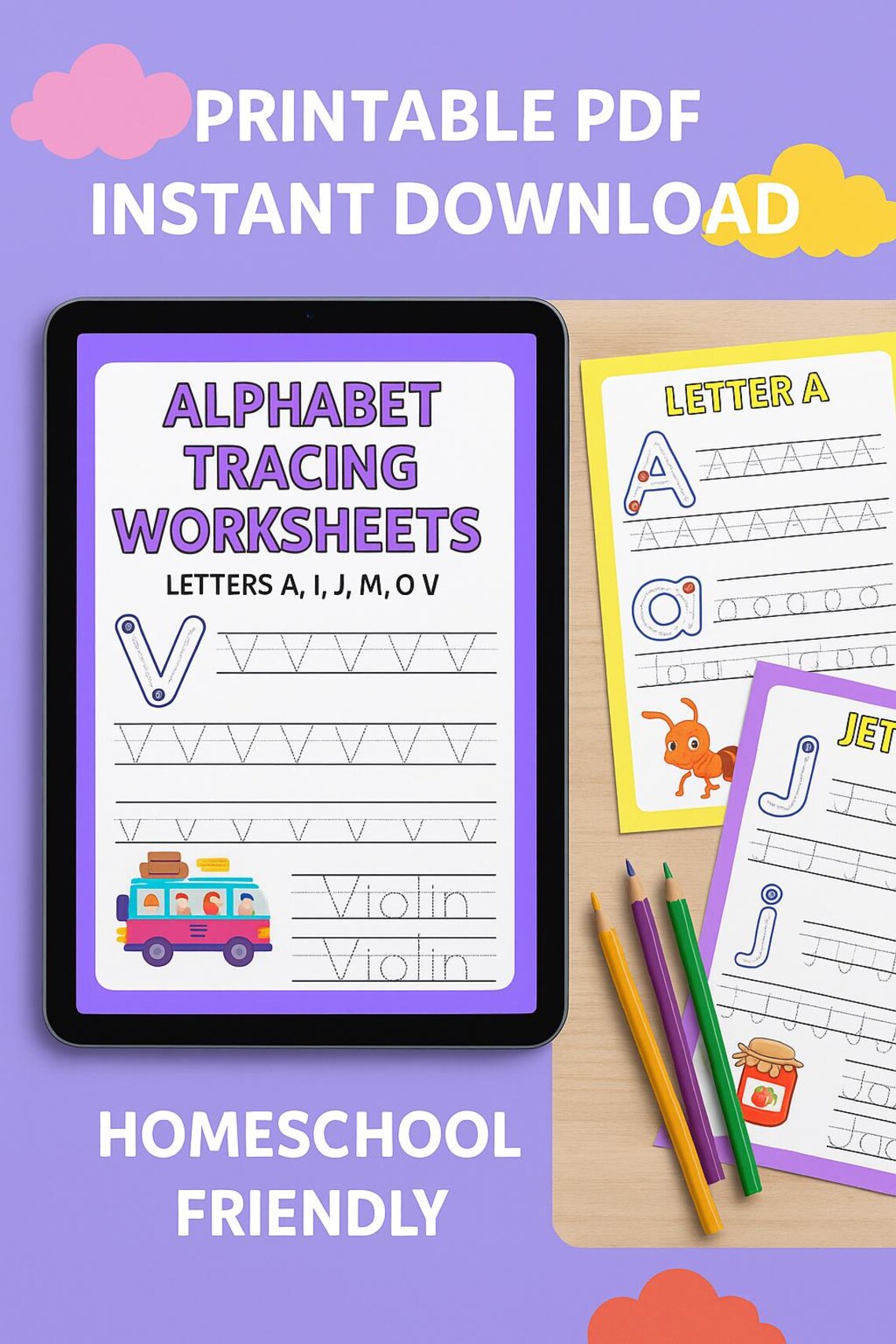 Alphabet Tracing Worksheets A I J M O V Printable Kids Learning Letters ...